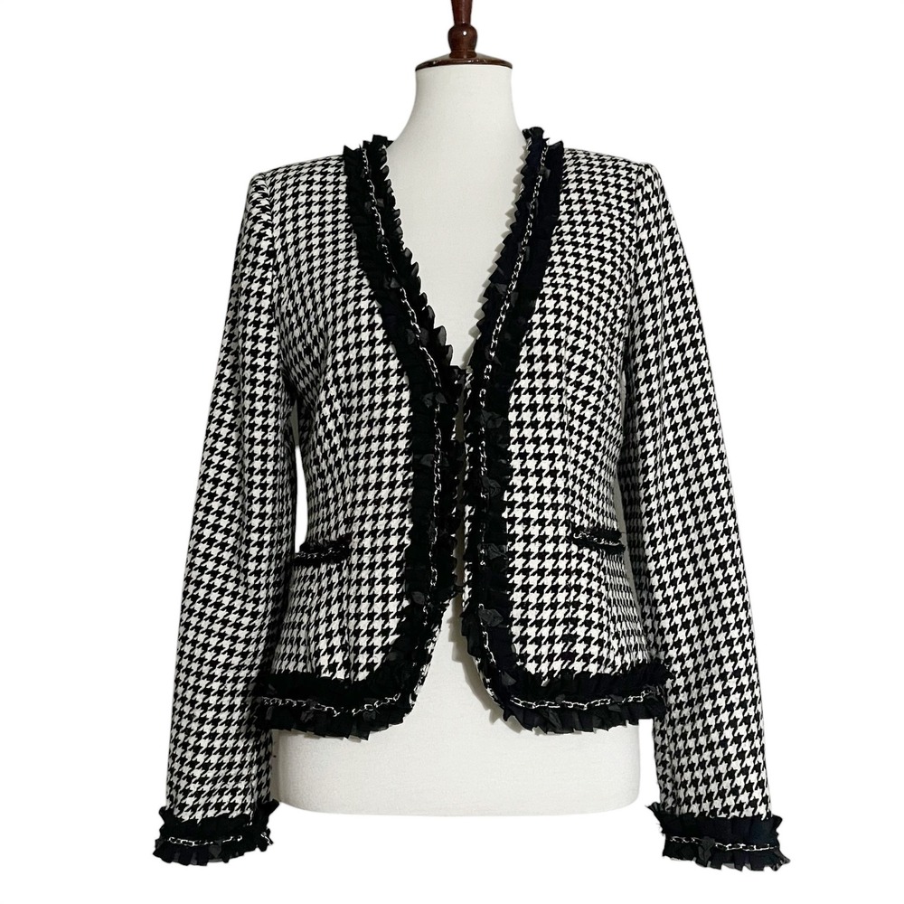 White House Black Market Houndstooth Ruffle Chain Blazer Jacket‎ Black White 10